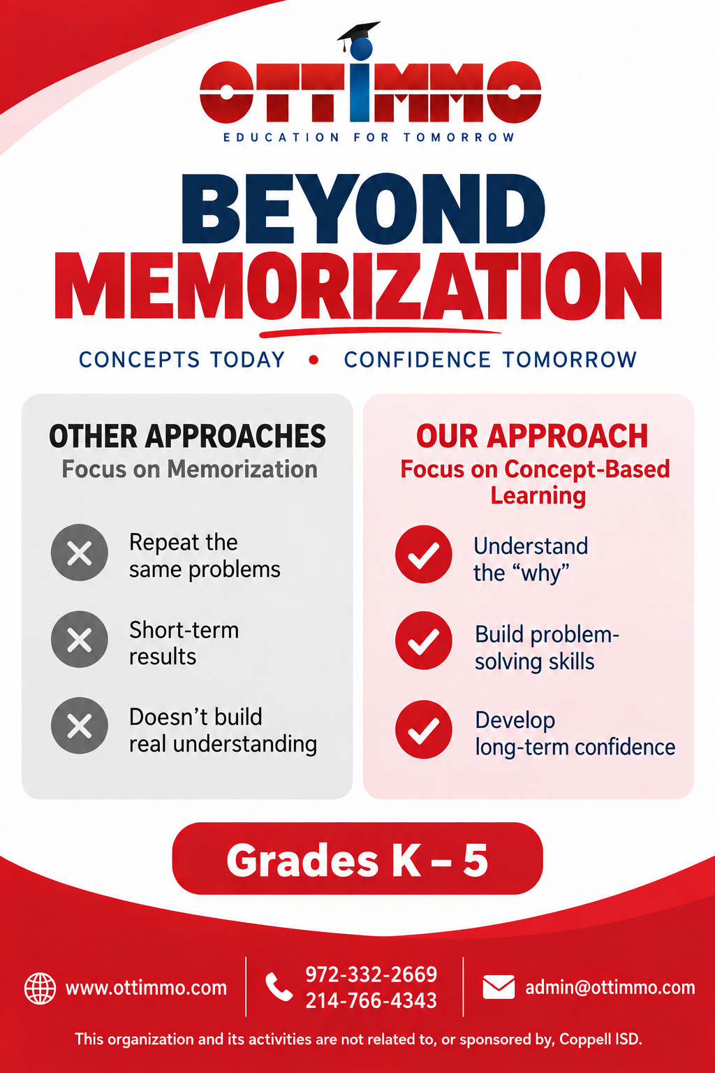 Ottimmo Beyond Memorization concept-based math learning flyer for Grades K-5